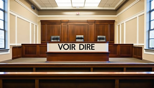 Empty courtroom with the words VOIR DIRE centered over the image